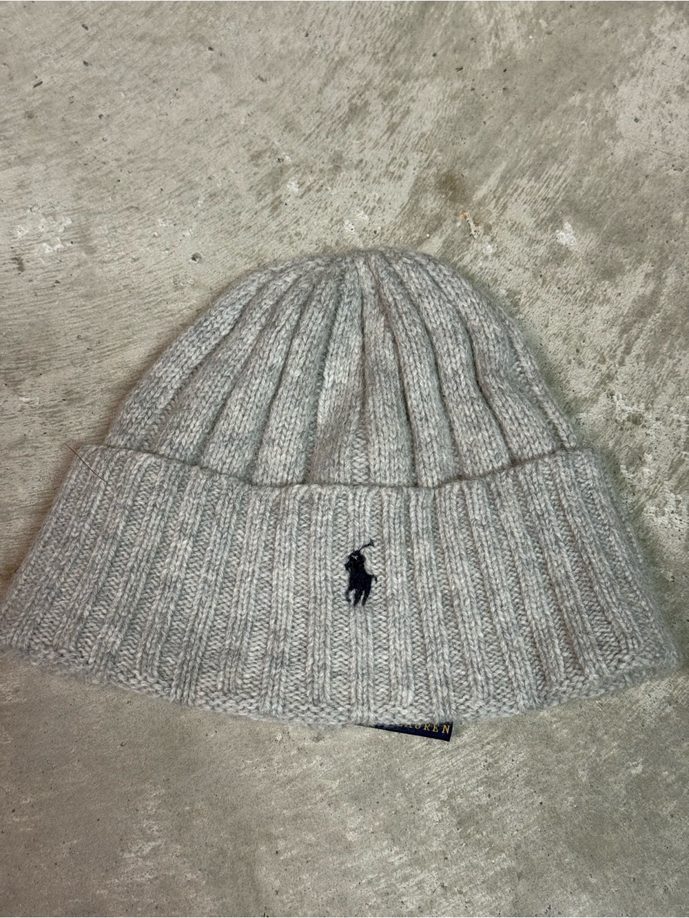 Ralph Lauren Heather Gray Ribbed Cuffed Beanie with Polo Logo